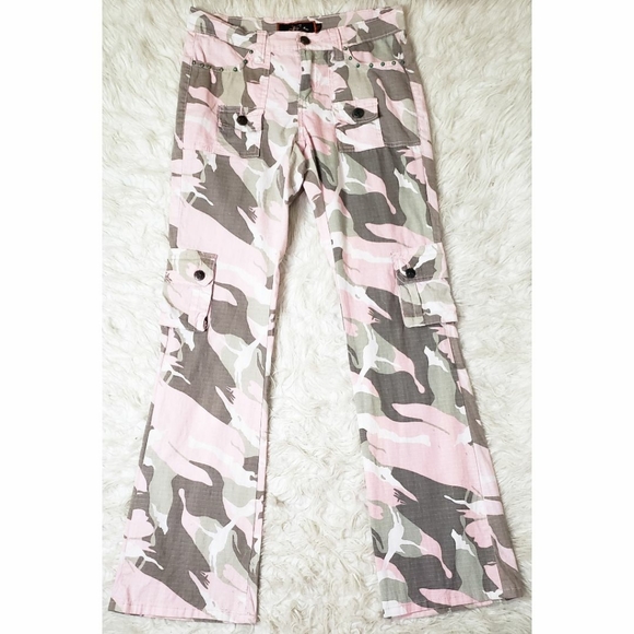 J Star Jeans Vintage Y2K Cargo Camo Pants Low Rise Pink Brown Flare Pockets - Picture 1 of 3